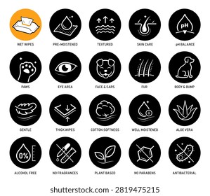 Pet wet wipes icon set for design, branding, presentation of product.The solid vector icons are well scalable and editable for packaging label design. Vector elements are made with high contrast. EPS10.