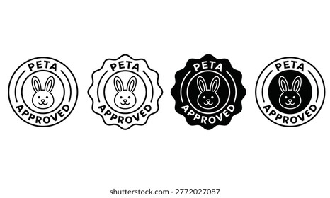 Peta approved product certification stamps collection in monochrome style, animal welfare, vegan, cruelty, free, and ethics.