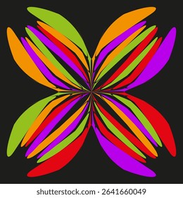 Petal design icon. Multicolor flower shape. Vector radial pattern. Dark background bloom.