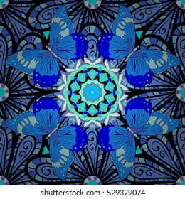 Petal flowers and butterflies. Blue and white. Vector.