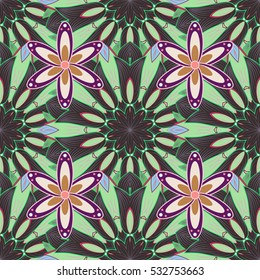 Petal flowers. Green, red. Vector illustration. Dim background.