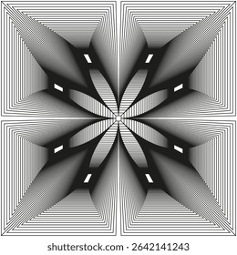 Petal illusion shape. Radiating petal form. Geometric abstract illusion. Vector tunnel pattern.