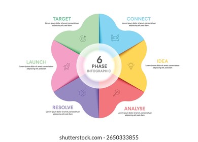 Petal Shape Glassmorphism Infographic Template With 6 Options, Steps, Parts, Segments. Vector Illustration For Business Financial Report.