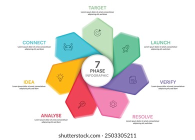 Petal Shape Infographic Template With 7 Options, Steps, Parts, Segments. Business concept. Marketing Infographic Vector Illustration.