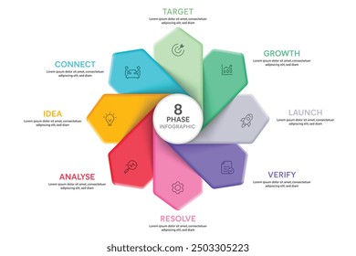 Plantilla De Infografía De Forma De Pétalo Con 8 Opciones, Pasos, Piezas, Segmentos. Concepto de negocio. Ilustración vectorial de Infografía de Marketing.