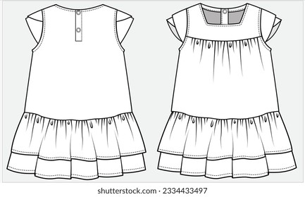 PETAL SLEEVES LAYERED FRILL DRESS WITH EMPIRE CUT DETAIL WOVEN DRESS DESIGNED FOR KID GIRLS AND TODDLER GIRLS IN VECTOR ILLUSTRATION