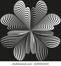 Petal swirl form. Decorative flower vector. Abstract curved bloom. Black background