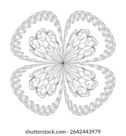 Petal symmetry figure. Floral vector ornament. White lines shape. Mandala flower element.