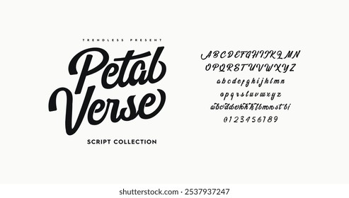 Petal Verse: A display font with uppercase, lowercase, swashes, numbers, and extra swooshes. Fully vectorized and isolated on a white background for versatile typography designs.