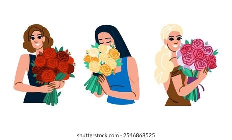 Ramo de pétalos rosas Vector de mujer. fragancia elegancia, regalo romántico, celebración amor pétalos ramo rosas personaje de mujer. personas ilustración de dibujos animados plana