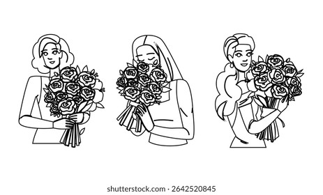 petals bouquet roses woman vector. fragrance elegance, romance gift, celebration love petals bouquet roses woman character. people black line pencil drawing illustration