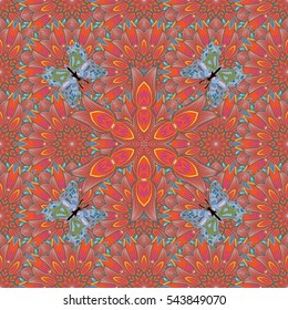 Petals flowers background. Red, blue. Butterflies. Vector.