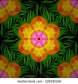 Petals flowers on black background. Orange, yellow, green. Vector.