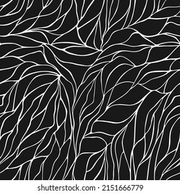 Petals pattern with wavy curved lines and scrolls on black background. Floral organic design for textile, fabric and wrapping. Trendy leaf abstract seamless geometric texture. Vector 