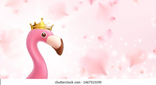 Petals of pink rose spa background. Princess flamingo and flying sakura cherry flower petals on romantic banner design.
