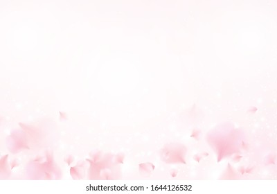 Petals of pink rose spa background. Realistic flying sakura cherry flower petals elements for romantic banner design.
