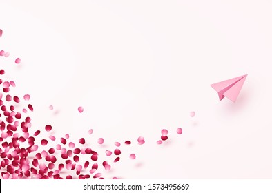 Petals of rose flower with plane postcard. Paper flying airplane on pink background. Vector symbols of love for Happy Women's, Mother's, Valentine's Day greeting card design.