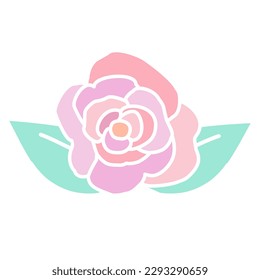 Petals Rose Pink Pastel. Blossom flower with leaf; mint color. Art design graphic by hand drawing. Vector.