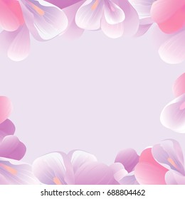 Petals Roses Flowers. Pink Purple Sakura petals frame isolated on light Violet background. Vector EPS 10, cmyk.