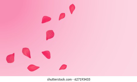 Petals Roses Flowers. Red Sakura flying petals isolated on pink gradient background. Vector EPS 10, cmyk