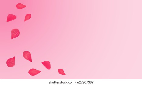 Petals Roses Flowers. Red Sakura flying petals isolated on pink gradient background. Vector EPS 10, cmyk