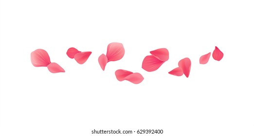 Petals Roses Flowers. Red Sakura flying petals isolated on white background. Vector EPS 10, cmyk