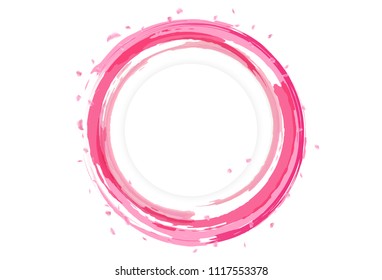 Petals of Sakura scatter design with water splash banner card, logo, watercolor circle ring, ink splatter abstract background vector illustration