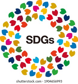 A petal-shaped object colored in 17 symbol colors is laid out in a circle. The letters "SDGs" in the center. A symbol mark that imagines the Sustainable Development Goals (SDGs). Created with vector d