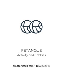 Petanque icon. Thin linear petanque outline icon isolated on white background from activity and hobbies collection. Line vector sign, symbol for web and mobile