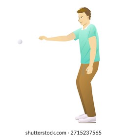 Personaje de dibujos animados del jugador de petanca que lanza una bola aislada sobre fondo blanco.
