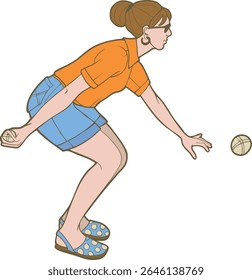 Petanque Player Throwing a Ball – Vintage Comic Style Illustration of a woman Playing Boules