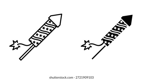 Conjunto de iconos de cohetes de fuegos artificiales Petard. Símbolo del Vector del cohete de fuegos artificiales Petard en estilo negro relleno y delineado.