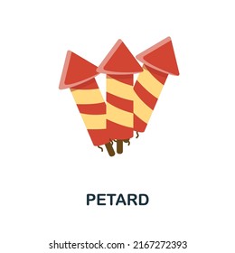 Icono plano de Petard. Signo de elemento coloreado de la colección de navidades. Señal de icono de placa fija para diseño web, infografía y más.