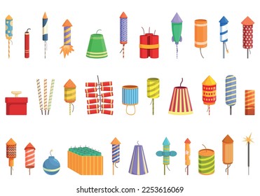 Los iconos de Petard establecen el vector de dibujos animados. Fuegos artificiales dinámicos. Juego de seguridad