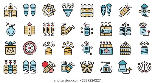 Petard icons set outline vector. Tnt game. Safety festival thin line color flat on white