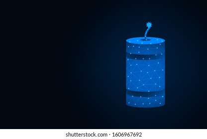 Petard low poly design, pyrotechnics wireframe mesh polygonal vector illustration made from points and lines on dark blue background