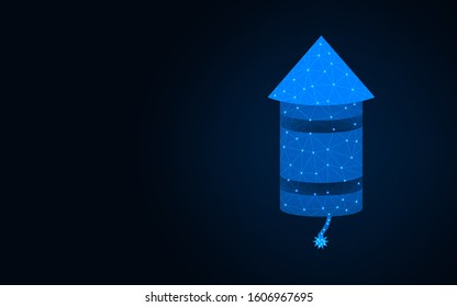 Petard Rocket low poly design, pyrotechnics wireframe mesh polygonal vector illustration made from points and lines on dark blue background