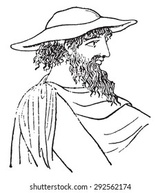 Petasos or Petasus, vintage engraved illustration.
