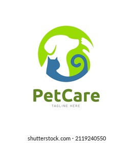Petcare logo with dog, cat and hand vector template