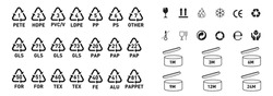 Pete 1, HDPE 2, PVC 3, LDPE 4, Pp5, Ps6, Gls 70, Gls 71, Pap20, Pap 21, Tex60, Fe, Ce, Frozen, E, Recycle, 40 Plastic, Organic, Glass, Metal Standard Icon Set And Best Before Opening Cosmetic Icon Set