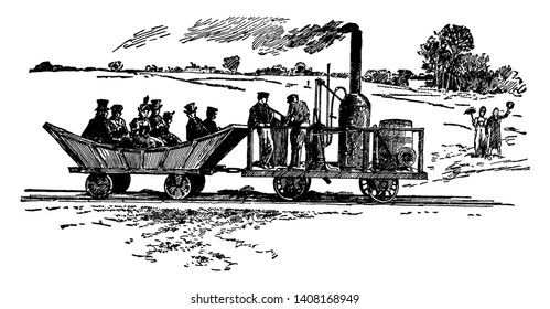 Peter Cooper Train manufactured the first steam powered railroad locomotive made in America which was called Tom Thumb, vintage line drawing or engraving illustration.