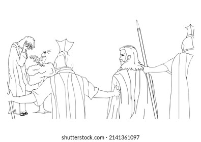 Peter crying in front of Jesus, vector.