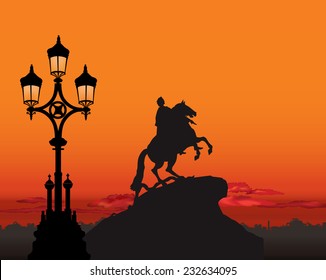 Peter the Great Monument, Saint Petersburg russian city landmark, Russia. St. Petersburg sunset landscape background. Travel background. Touristic skyline
