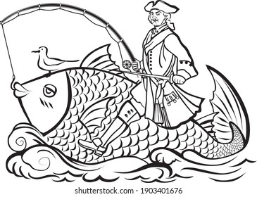 Peter the Great rides a big fish on the sea cartoon vector black and white image 
