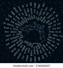 Peter Island digital map. Binary rays radiating around glowing island. Internet connections and data exchange design. Vector illustration.