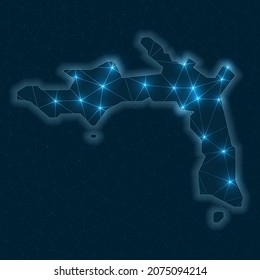 Peter Island network map. Abstract geometric map of the island. Digital connections and telecommunication design. Glowing internet network. Radiant vector illustration.