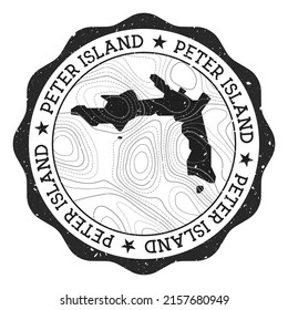 Peter Island outdoor stamp. Round sticker with map with topographic isolines. Vector illustration. Can be used as insignia, logotype, label, sticker or badge of the Peter Island.
