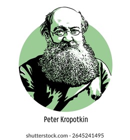Peter Kropotkin - revolucionário anarquista russo, geógrafo e geomorfologista. Pesquisador da estrutura tectônica da Sibéria, Ásia Central e da Era do Gelo. Ilustração vetorial desenhada à mão.