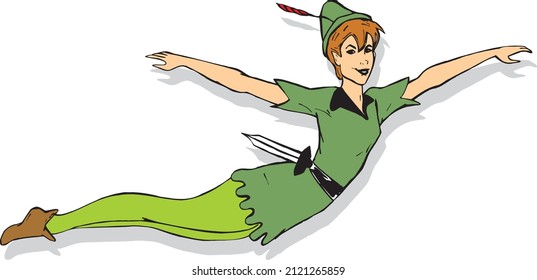 Ilustración de arte vectorial de Peter Pan Flying Boy aislada en blanco