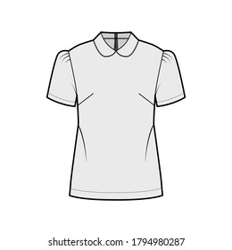 Peter Pan collar blouse technical fashion illustration with short sleeves, relaxed body, button-fastening keyhole at back. Flat apparel top template front grey color. Women men unisex shirt CAD mockup